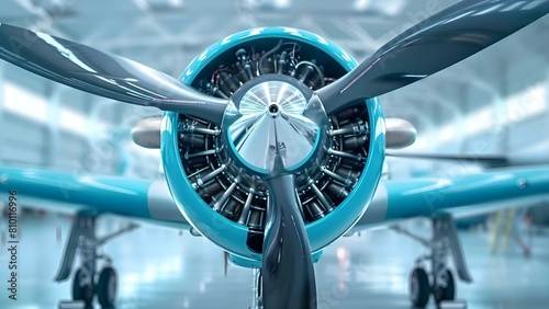 Closeup image of airplane propeller for aviation articles or engine mechanics. Concept Aviation, Aircraft Engineering, Propeller Detail, Aerospace Technology, Mechanical Components photo
