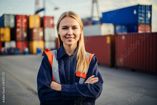 Portrait of caucasian female engineer in container yard, International import export and logistic business concept. Logistics, transportation, distribution concept. Factory, warehouse, worker 