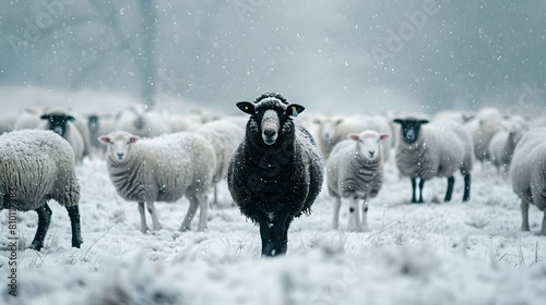 Winter s Tale  A Black Sheep Leading the Flock Through Snow. Serene Pastoral Scene with Sheep in a Snowy Landscape. Perfect for Winter-Themed Projects. AI