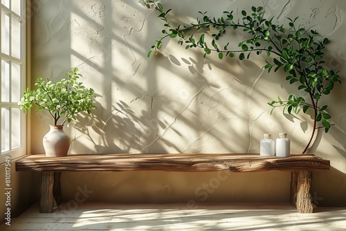 A charming indoor composition with houseplants on a wooden bench by the window, casting playful shadows on the wall
