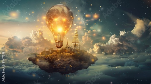 A light bulb is floating in the sky above a city. The scene is whimsical and imaginative, with the light bulb representing a source of inspiration or creativity