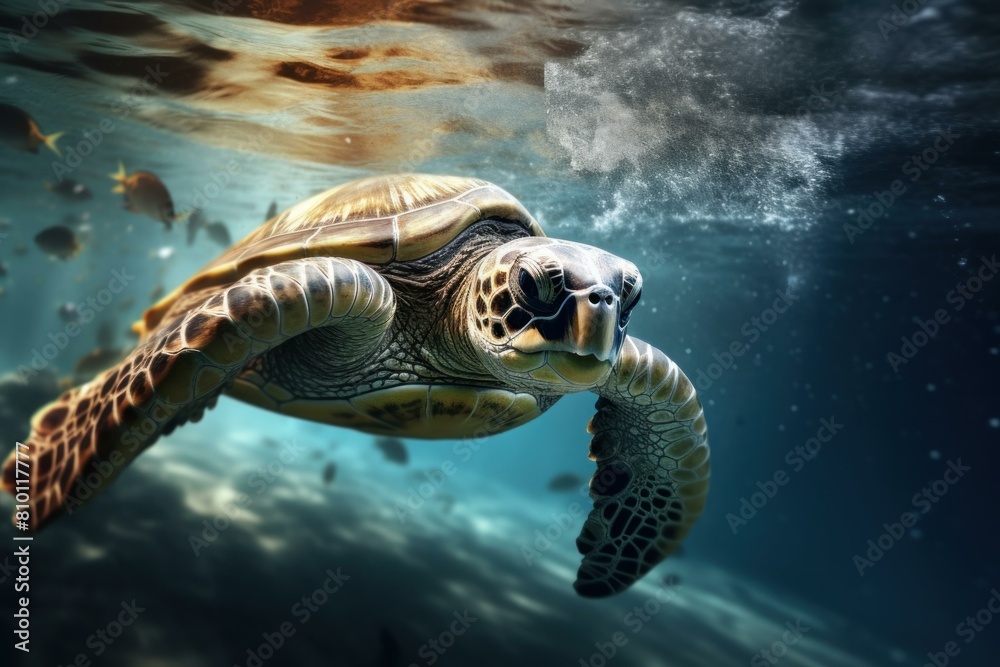 Fototapeta premium Turtle underwater swim. Water marine. Generate Ai