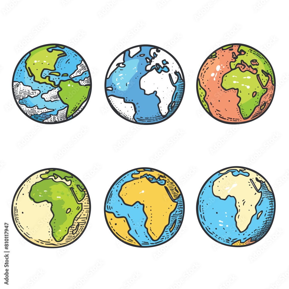 Handdrawn globes showcasing various earth continents outlines colorful cartoon style. Six different world maps views, doodle sketch continents colorful isolated white background. Geography concept