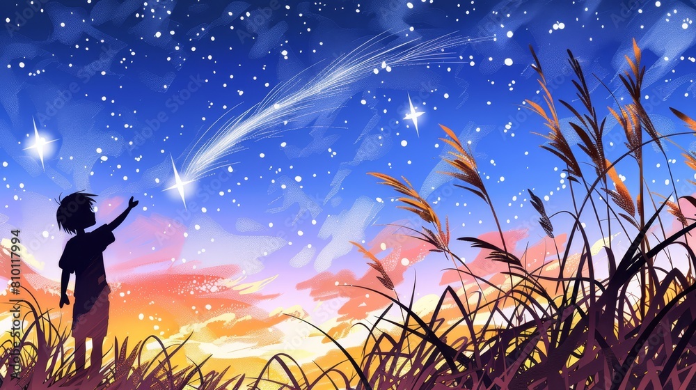   A girl stands before a star-filled sky, grass blanketing the foreground beneath her feet
