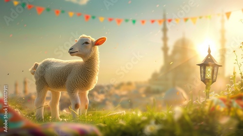 A goat stands gracefully in a lush field, with gentle sun rays above. A mosque in the background shows the cultural context of Eid al-Adha.