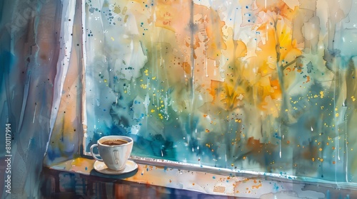 Atmospheric watercolor painting capturing the mood of a rainy day with a cup of coffee on a windowsill photo