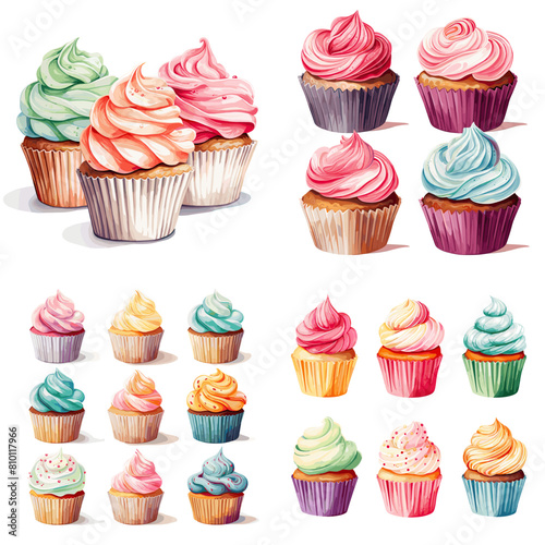 Colorful cupcake-themed illustrations with vibrant frosting designs, perfect for bakery, dessert, or celebration-related projects and creative design concepts. photo