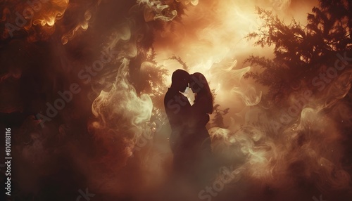 silhouette of couple in a loving embrace sepia clouds romance true love photo