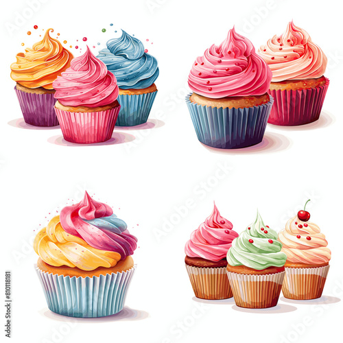 Colorful cupcakes topped with swirled frosting and sprinkles. A delightful sweet treat perfect for birthdays, bakeries, celebrations, and dessert photography.
