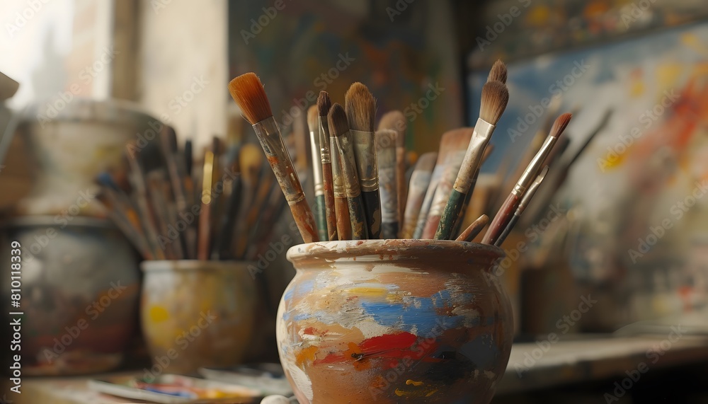 colorful pot of paintbrushes art supplies paint streaks colorful pot of paintbrushes art supplies paint streaks
