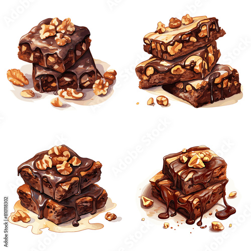 Rich chocolate brownies topped with crunchy walnuts and drizzled with chocolate syrup. A decadent dessert perfect for bakeries, cafes, and food photography.