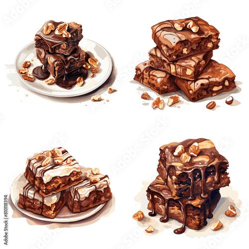 Rich chocolate brownies loaded with crunchy nuts and drizzled with chocolate and caramel sauce. A decadent dessert perfect for bakeries, cafes, and food photography.
