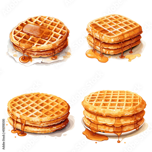 Set of four vector illustrations of  waffle with caramel topping isolated on white background.