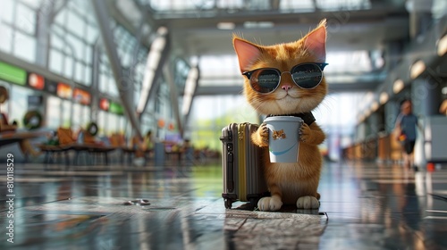 Funny cat wearing sunglasses and holding coffee cup walking with suitcase in airport terminal. Banner with copy space
