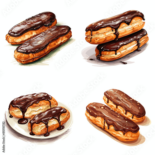 A delicious collection of chocolate éclairs with rich cream filling and glossy chocolate glaze, served on plates. Perfect for bakery promotions, dessert photography, and gourmet pastry designs.