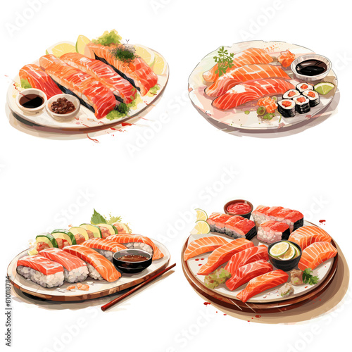 A delicious assortment of fresh salmon sushi and sashimi served on plates with soy sauce, wasabi, and garnishes. Perfect for Japanese cuisine, seafood, restaurant menus, and food photography.