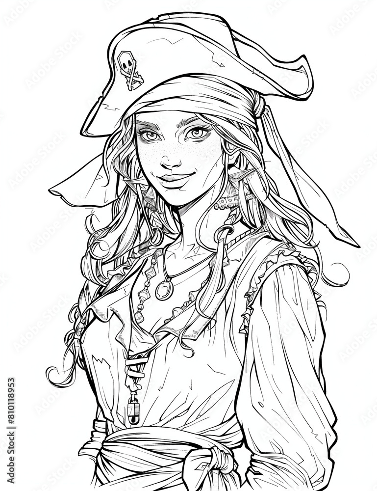 Illustration of a pirate woman, coloring book