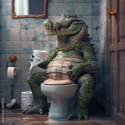 Mischievous Crocodile Entertains in Whimsical Bathroom Scene