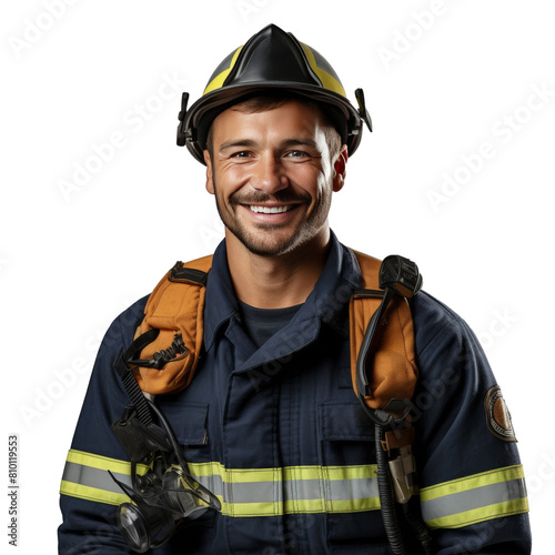 Man Wearing Firemans Helmet and Gloves
