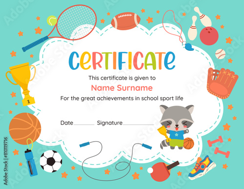 Fun sports certificate design template featuring kawaii cartoon character and vibrant sport icons. Perfect for celebrating young achievers athletic success in elementary school. Vector flat graphics.