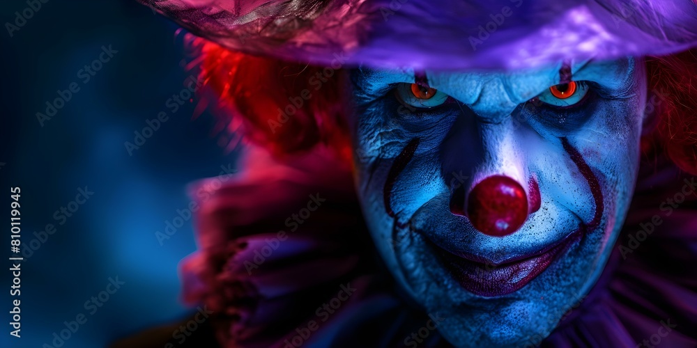 Spooky clown against black backdrop. Concept Halloween Photoshoot, Creepy Clown Makeup, Dark Concept Photography