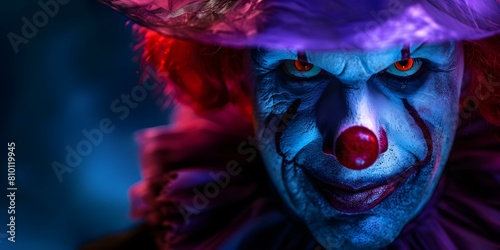 Spooky clown against black backdrop. Concept Halloween Photoshoot  Creepy Clown Makeup  Dark Concept Photography