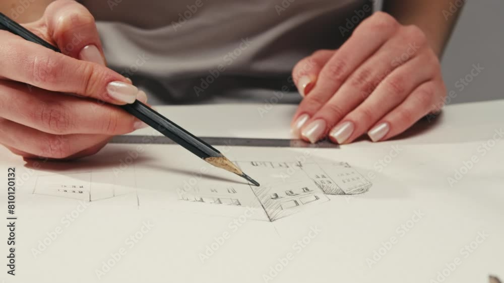 Young woman artist is drawing buildings by pencil using ruler on white paper . The designer or engineer making sketches for the projection of the building or house close-up. Drawing and sketching Young woman artist is drawing buildings by pencil using ruler on white paper . The designer or engineer making sketches for the projection of the building or house close-up. Drawing and sketching