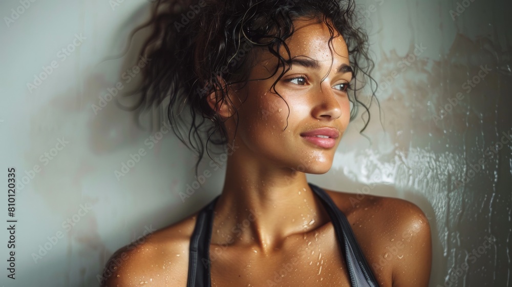 a young woman in high-performance workout gear, taking a break, looking relaxed and happy, against a white backdrop. a young woman in high-performance workout gear, taking a break, looking relaxed and happy, against a white backdrop.