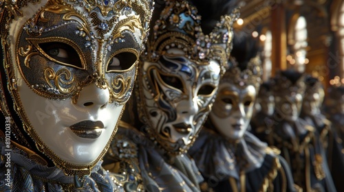 Extravagant Masquerade Ball with Ornate Gold White and Black Masks
