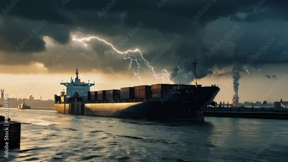 A ship full of containers in the port with a stormy weather at the sea lightning striking from dark clouds generative AI A ship full of containers in the port with a stormy weather at the sea lightning striking from dark clouds generative AI