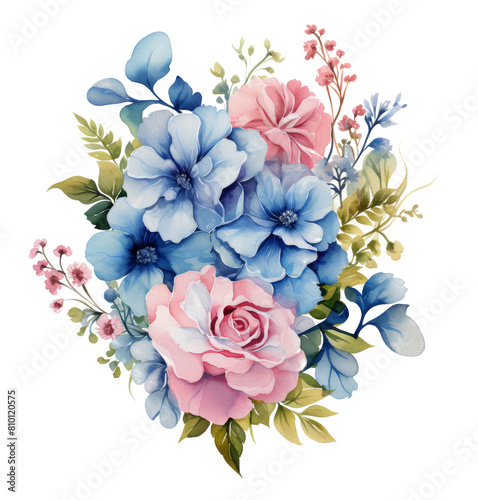 Bouquet of Blue and Pink Flowers on White Background