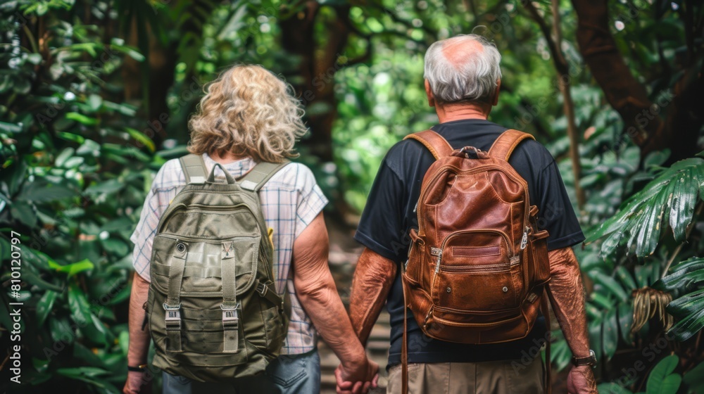   A man and a woman walk through the woods, each carrying a backpack on their backs