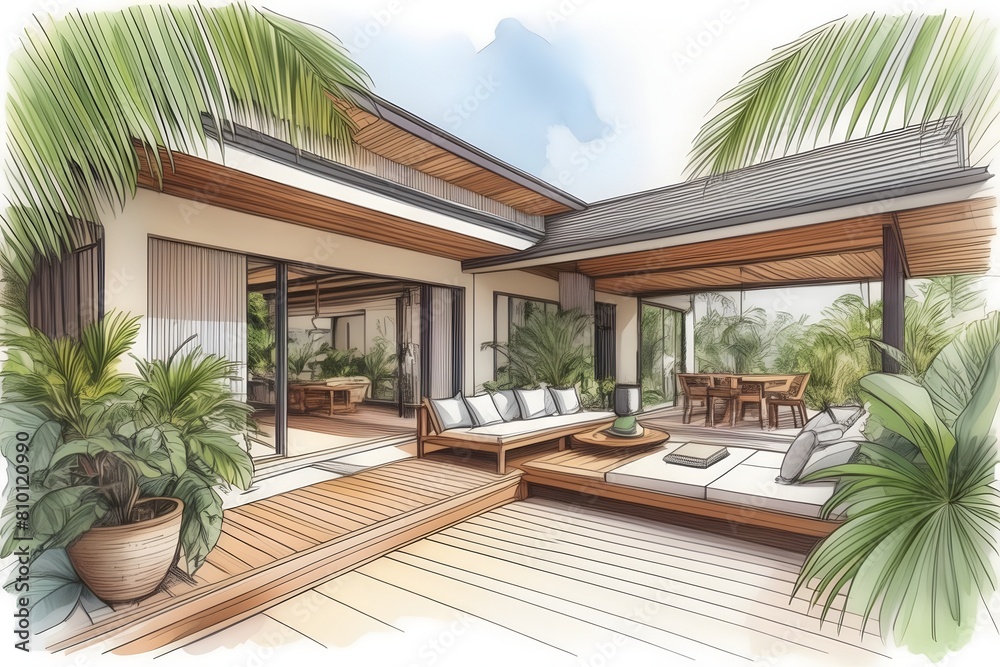 Fototapeta premium Modern, sleek home in Far North Queensland with lush tropical garden. Open spaces, clean lines, natural light, and sustainable design.
