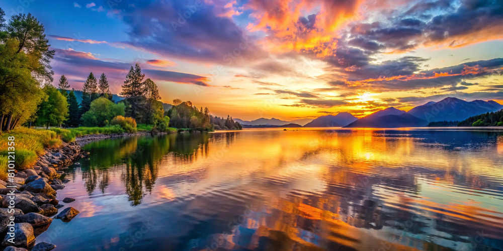 Photorealistic Lakeside Sunset with Vibrant Colors