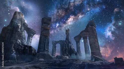 An ancient alien temple aligned perfectly with the Milky Way, its ruins telling stories of civilizations past under the watchful eyes of the galaxy  photo