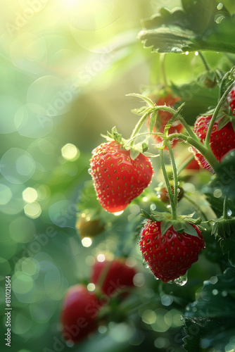 Ripe strawberries hanging on the plant