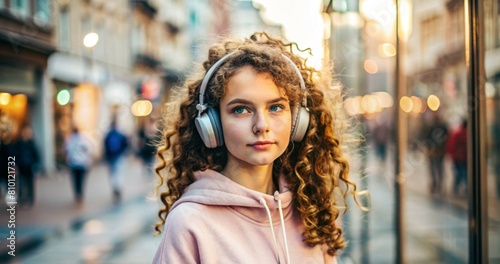 Wallpaper Mural Music lover. A young beautiful curly-haired woman listens to music with headphones on the evening street of the city at sunset. Peace, harmony, relaxation and relaxation. Torontodigital.ca