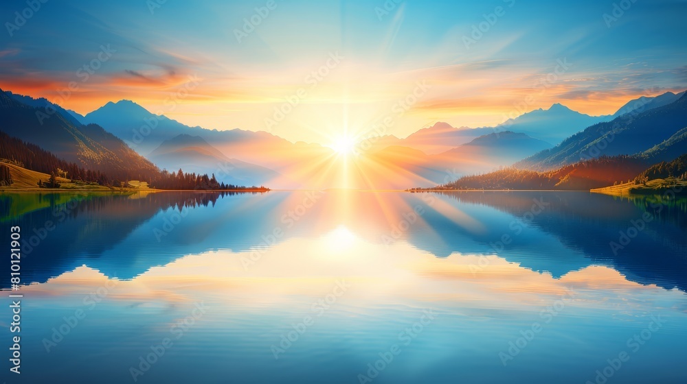 sun over mountain lake - sun reflected, mountains behind sun over mountain lake - sun reflected, mountains behind