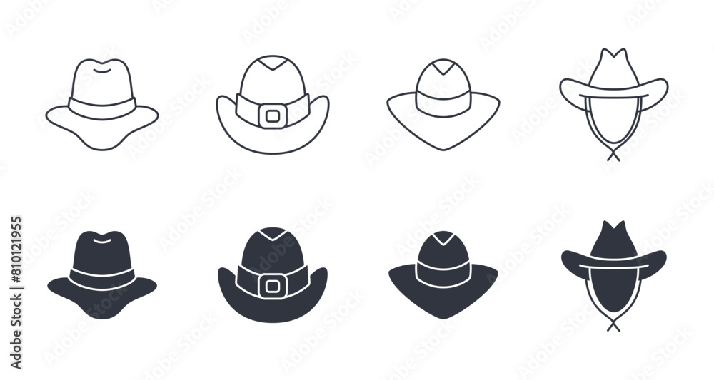Vector cowboy hat icon. Editable stroke set. Line and silhouette symbols of the wild west. Cowboy in police sheriff hat, black color. Stock illustration Vector cowboy hat icon. Editable stroke set. Line and silhouette symbols of the wild west. Cowboy in police sheriff hat, black color. Stock illustration