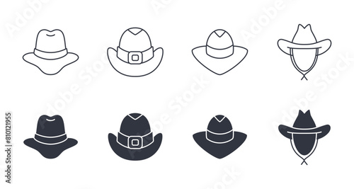 Vector cowboy hat icon. Editable stroke set. Line and silhouette symbols of the wild west. Cowboy in police sheriff hat, black color. Stock illustration