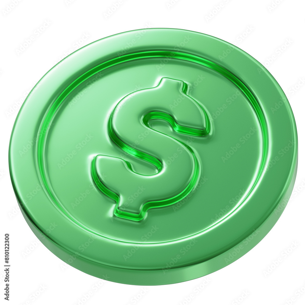 USD. United states dollar on green metal coin isolated on a transparent background. 3d render. Green dollar icon. USD. United states dollar on green metal coin isolated on a transparent background. 3d render. Green dollar icon.