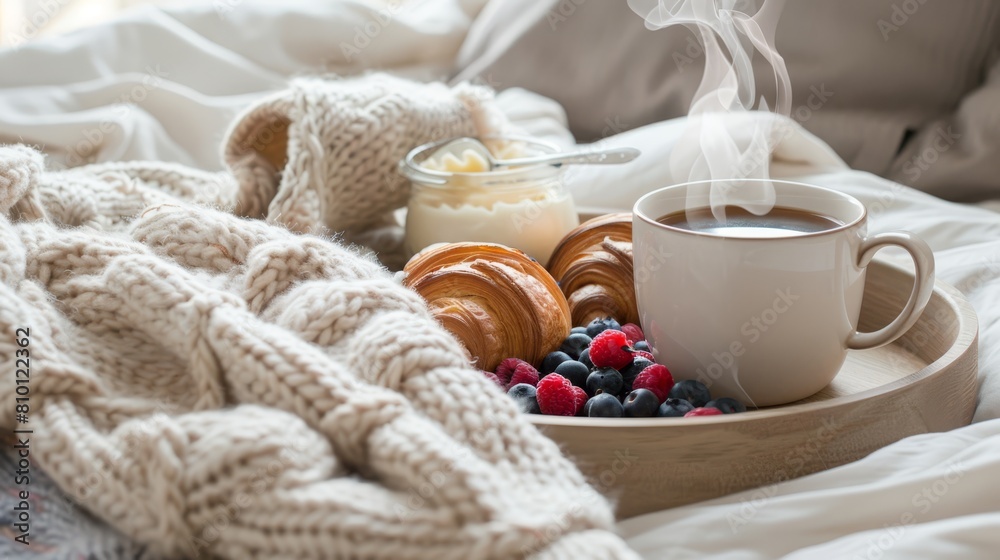 Cozy breakfast setup with croissants and coffee, perfect for lifestyle and food advertising. Cozy breakfast setup with croissants and coffee, perfect for lifestyle and food advertising.