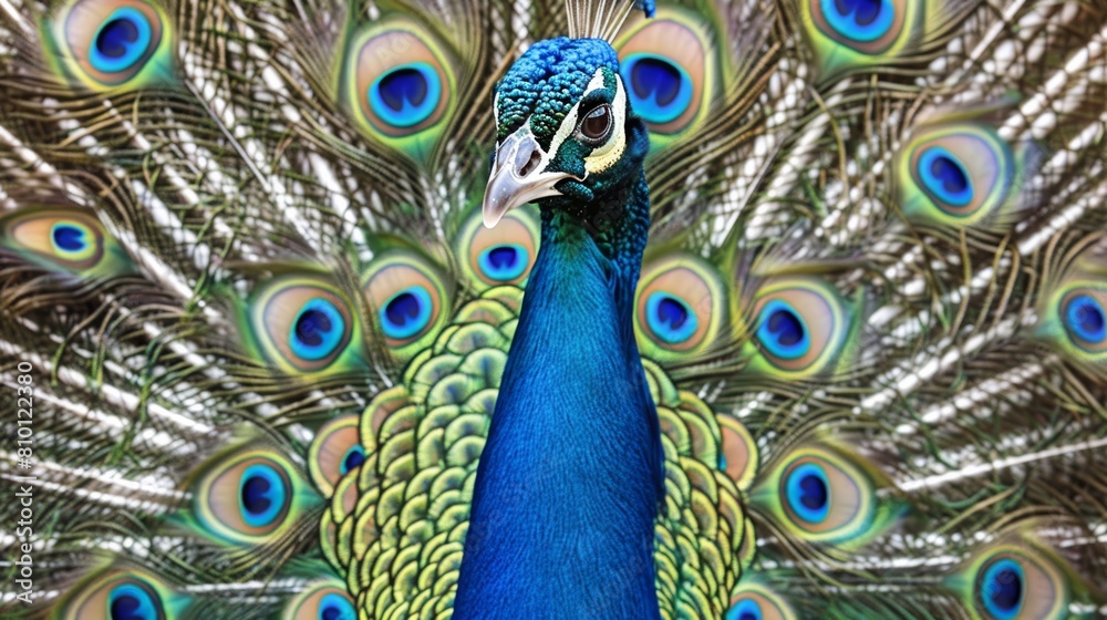 Obraz premium Majestic blue peacock displaying vibrant feathers, ideal for wildlife and beauty themes.