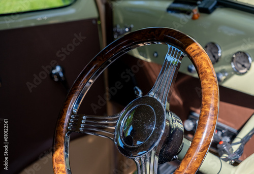 Close up of a walnut steering wheel