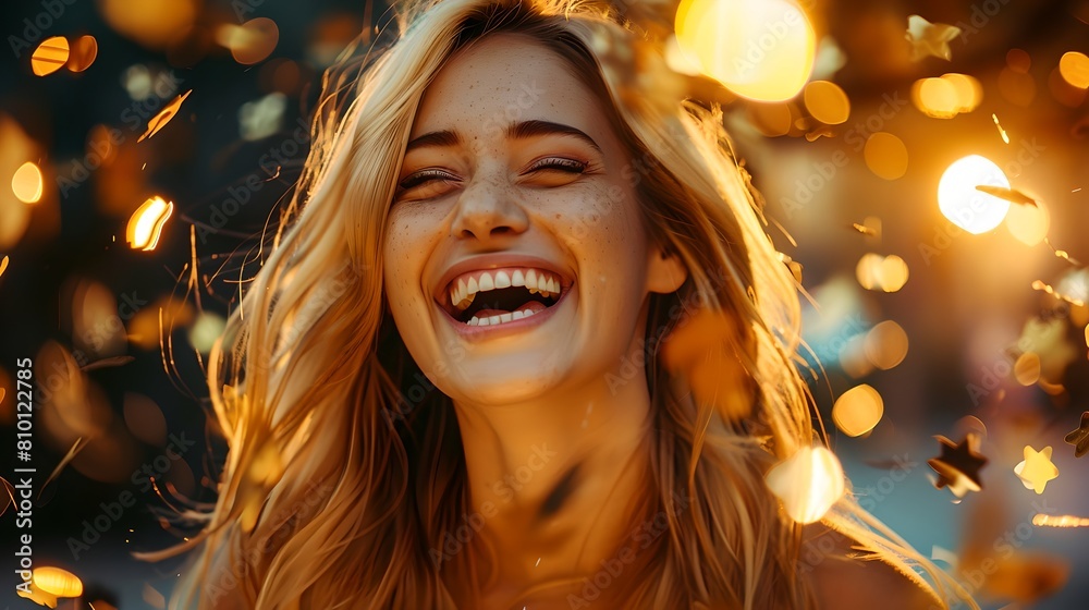 Radiant Woman Laughing Amidst Sparkles, Capturing Joy and Celebration, Perfect for Festive Occasions. Warm Tones, Natural Light. AI Radiant Woman Laughing Amidst Sparkles, Capturing Joy and Celebration, Perfect for Festive Occasions. Warm Tones, Natural Light. AI