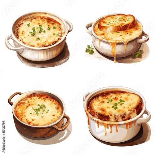 Set of four potato casserole with bechemel sauce and cheese. Vector ilustrations