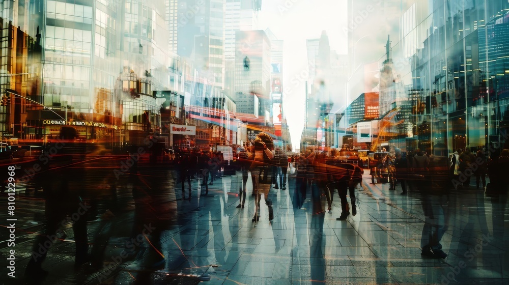 Double exposure image capturing the energy and movement of modern urban life Double exposure image capturing the energy and movement of modern urban life