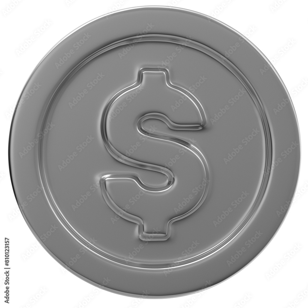 USD. United states dollar on silver coin isolated on a transparent background. 3d render. Silver dollar icon. USD. United states dollar on silver coin isolated on a transparent background. 3d render. Silver dollar icon.