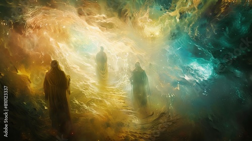 Dreamy composition of the transfiguration with surreal  glowing figures