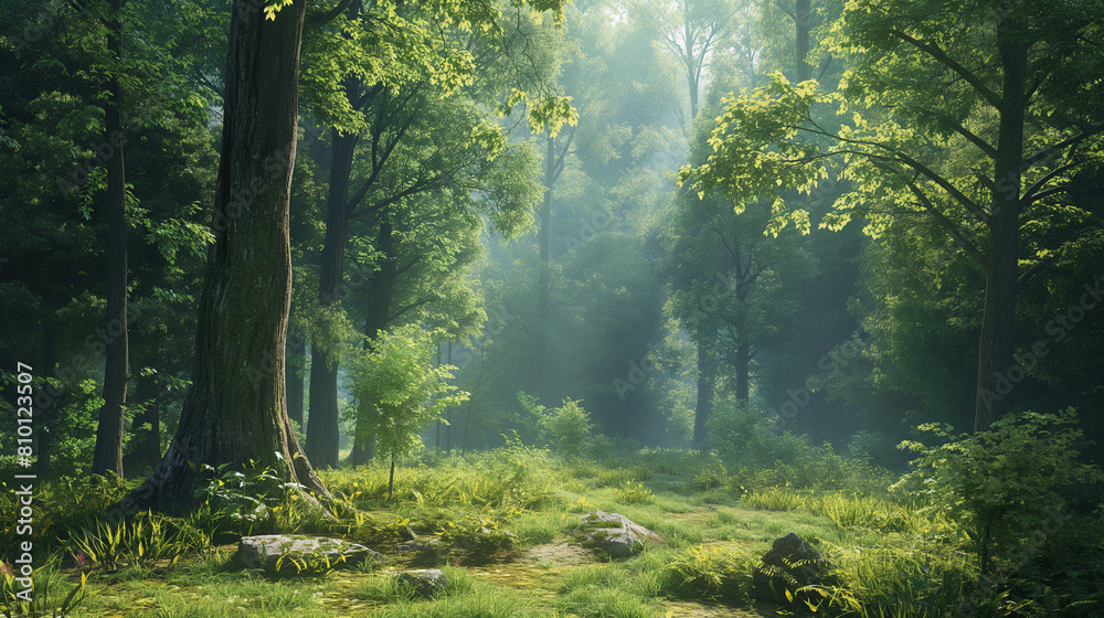 Obraz premium Sunlit forest glade with lush greenery and copy space